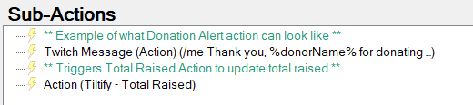 Sub-action list for Generic Alert action.with the Send Message to Twitch Channel sub-action using the donorName and donorAmount arguments.